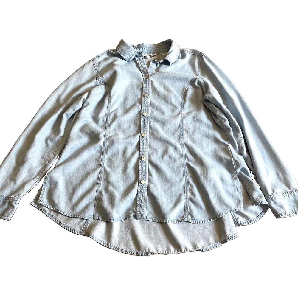 Foxcroft Sz 12 Blue Chambray Button Down Shirt Long Sleeve Pockets